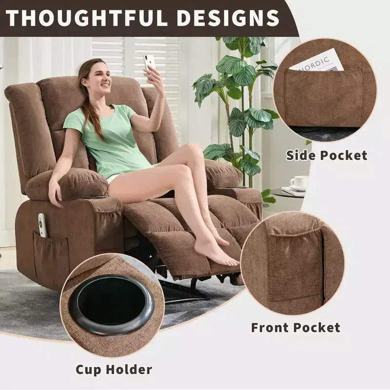 Oversized Manual Recliner Chair, Widen Overstuffed Single Sofa, 3 Positions, 2 Side Pockets and 2 Cup Holders, for Living Room