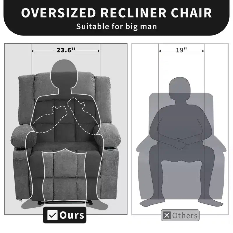 Oversized Manual Recliner Chair, Widen Overstuffed Single Sofa, 3 Positions, 2 Side Pockets and 2 Cup Holders, for Living Room