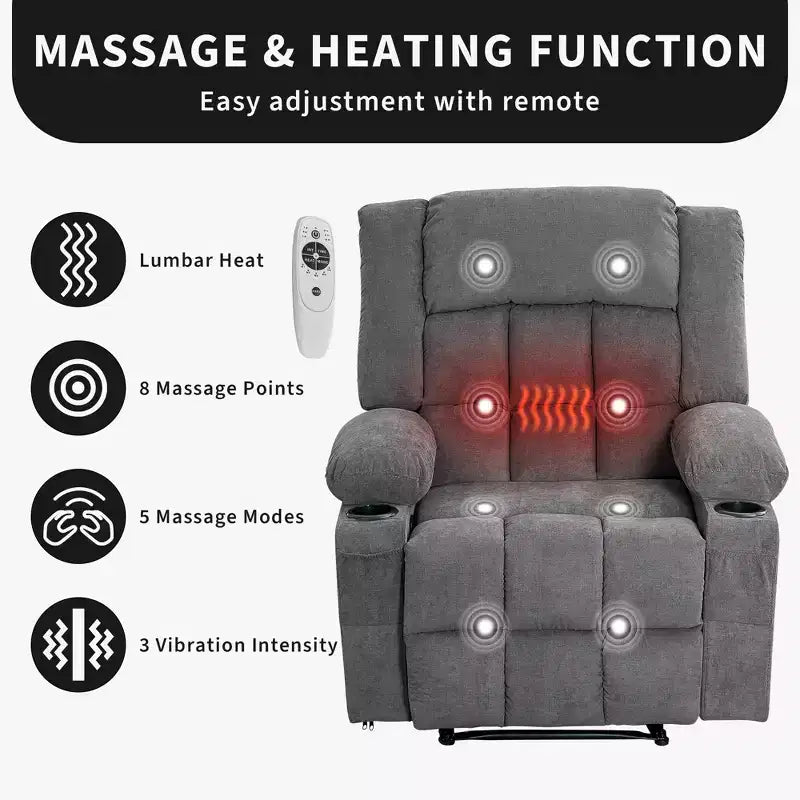 Oversized Manual Recliner Chair, Widen Overstuffed Single Sofa, 3 Positions, 2 Side Pockets and 2 Cup Holders, for Living Room