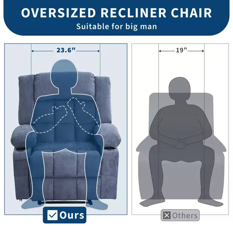 Oversized Manual Recliner Chair, Widen Overstuffed Single Sofa, 3 Positions, 2 Side Pockets and 2 Cup Holders, for Living Room