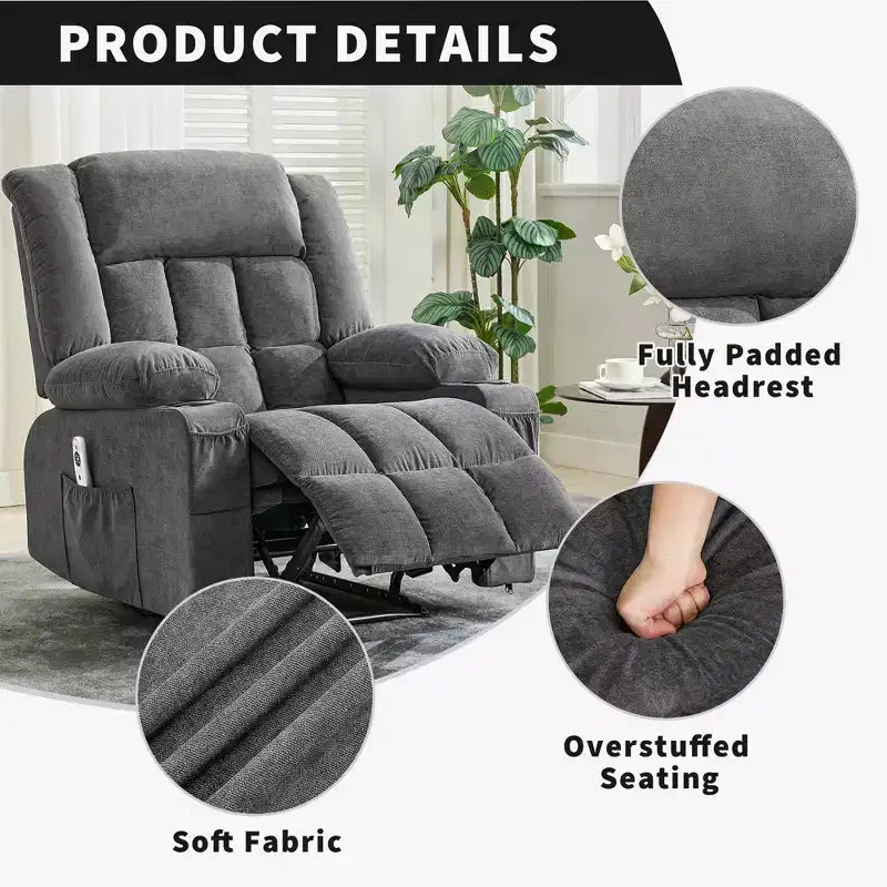 Oversized Manual Recliner Chair, Widen Overstuffed Single Sofa, 3 Positions, 2 Side Pockets and 2 Cup Holders, for Living Room