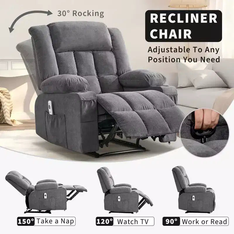 Oversized Manual Recliner Chair, Widen Overstuffed Single Sofa, 3 Positions, 2 Side Pockets and 2 Cup Holders, for Living Room