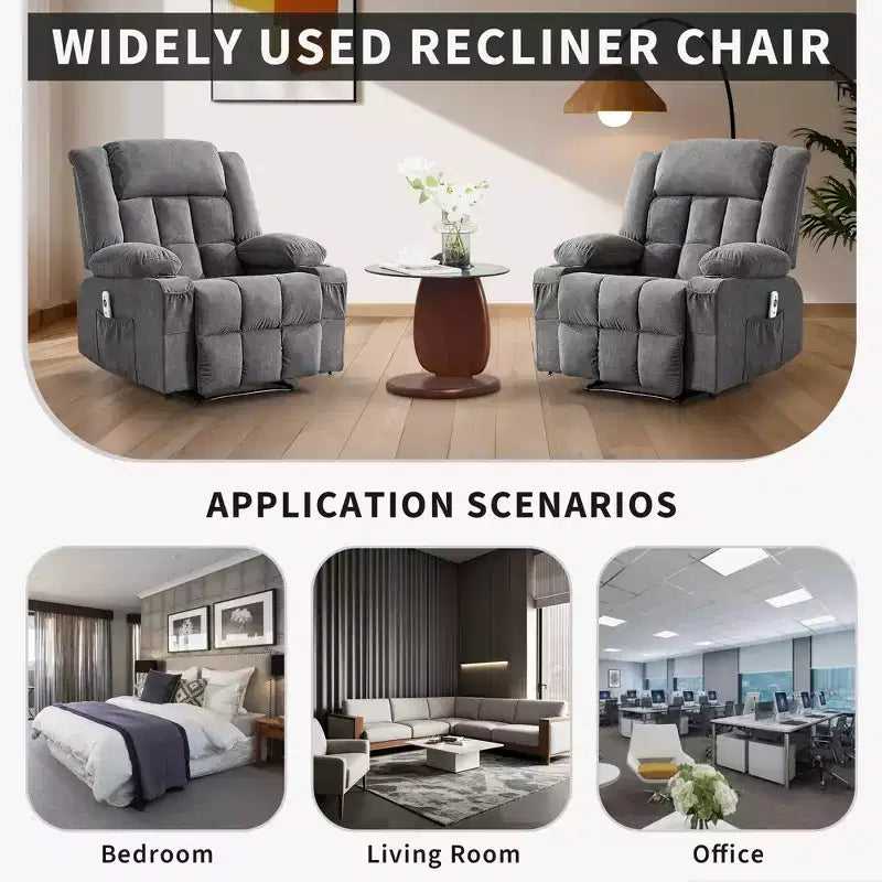 Oversized Manual Recliner Chair, Widen Overstuffed Single Sofa, 3 Positions, 2 Side Pockets and 2 Cup Holders, for Living Room