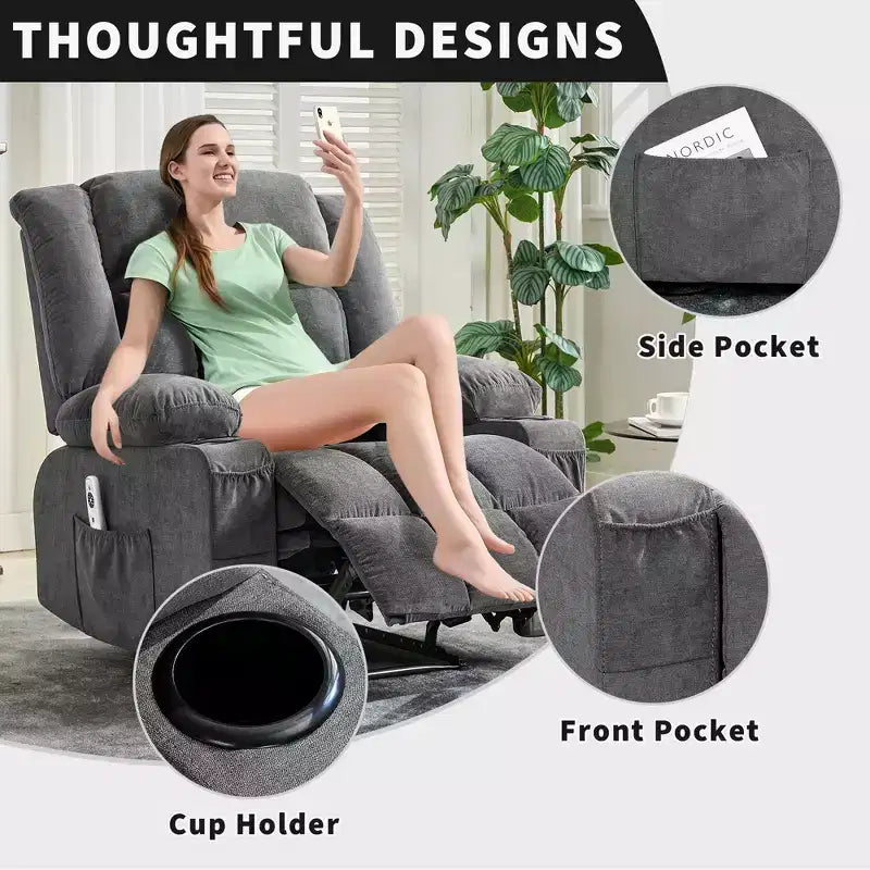Oversized Manual Recliner Chair, Widen Overstuffed Single Sofa, 3 Positions, 2 Side Pockets and 2 Cup Holders, for Living Room