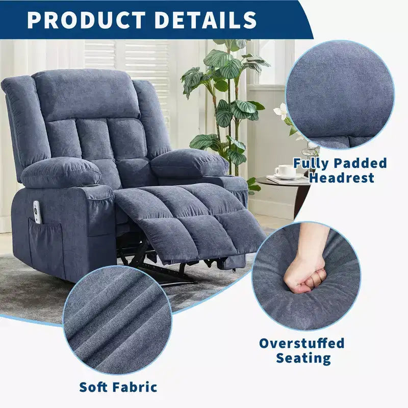 Oversized Manual Recliner Chair, Widen Overstuffed Single Sofa, 3 Positions, 2 Side Pockets and 2 Cup Holders, for Living Room
