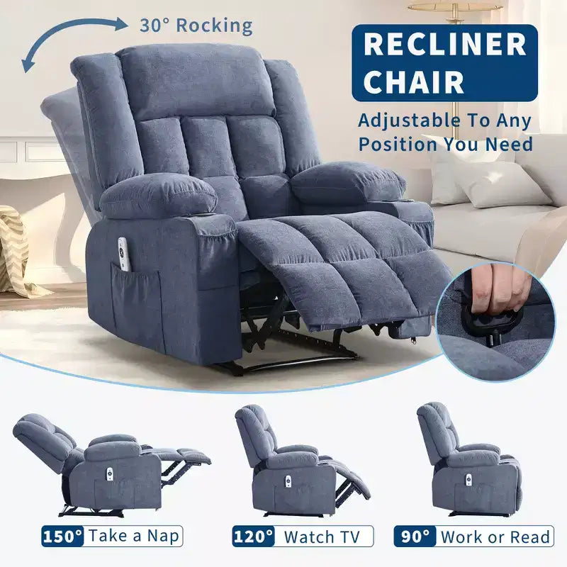 Oversized Manual Recliner Chair, Widen Overstuffed Single Sofa, 3 Positions, 2 Side Pockets and 2 Cup Holders, for Living Room