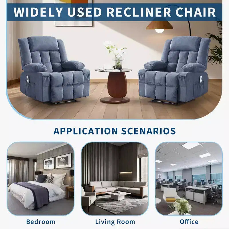 Oversized Manual Recliner Chair, Widen Overstuffed Single Sofa, 3 Positions, 2 Side Pockets and 2 Cup Holders, for Living Room
