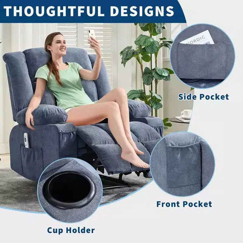 Oversized Manual Recliner Chair, Widen Overstuffed Single Sofa, 3 Positions, 2 Side Pockets and 2 Cup Holders, for Living Room