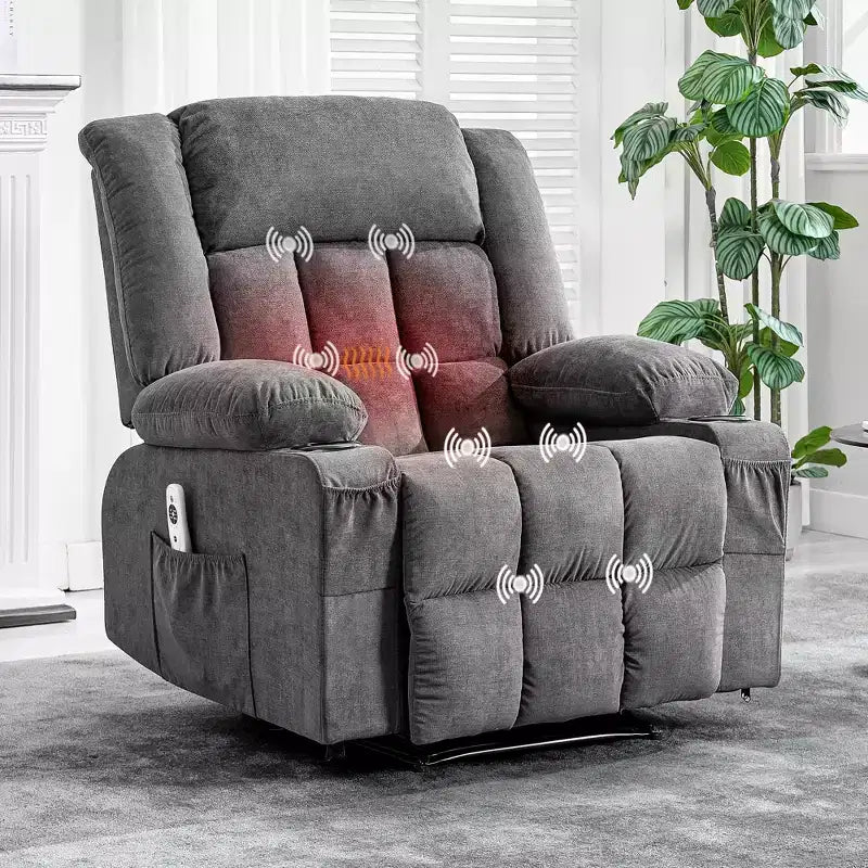 Sillón reclinable manual extragrande, sofá individual sobrecargado ensanchado, 3 posiciones, 2 bolsillos laterales y 2 portavasos, para sala de estar