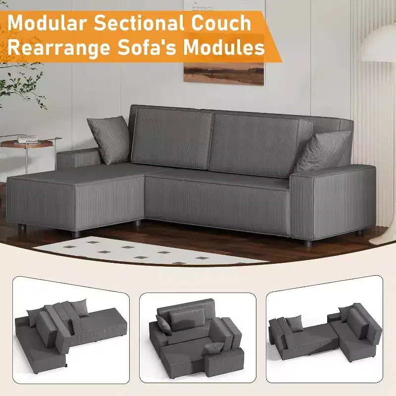 96 L-Shaped Sectional Sofa with Chaise, Modern Corduroy 3-Seater Couch, Modular Sectional Couches Sofa, Wide Arms, for Living Room, Apartment