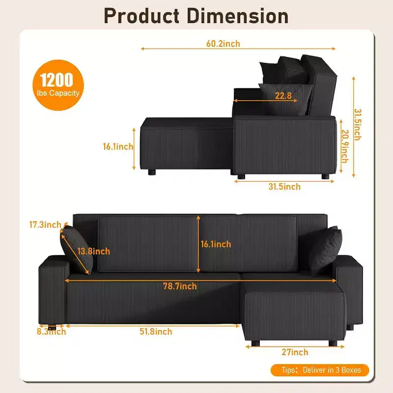 96 L-Shaped Sectional Sofa with Chaise, Modern Corduroy 3-Seater Couch, Modular Sectional Couches Sofa, Wide Arms, for Living Room, Apartment