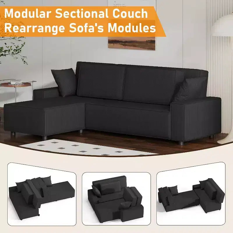 96 L-Shaped Sectional Sofa with Chaise, Modern Corduroy 3-Seater Couch, Modular Sectional Couches Sofa, Wide Arms, for Living Room, Apartment