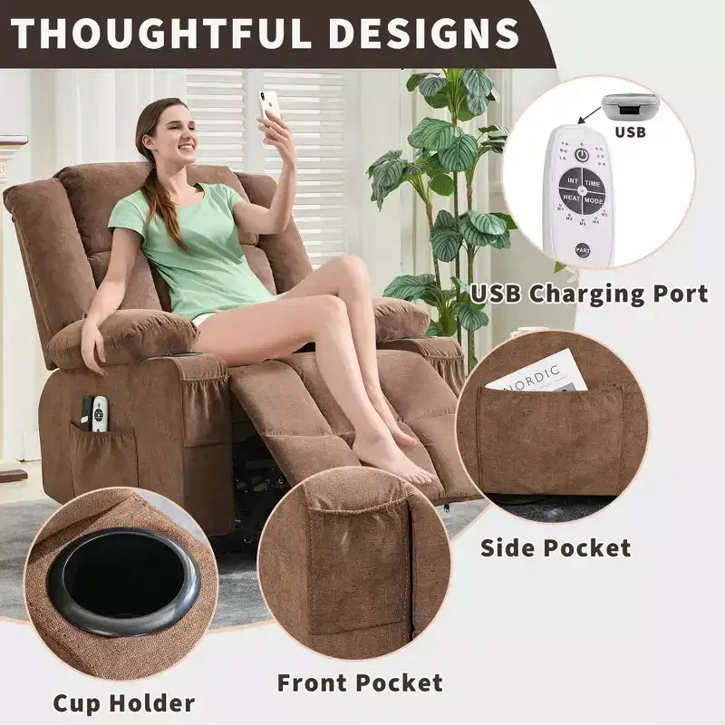 Large Lift Recliner Chair, Overstuffed Wide Recliner Chair, Side Pockets & Cup Holder, 360 Swivel Rocker Recliner, for Living Room, Home