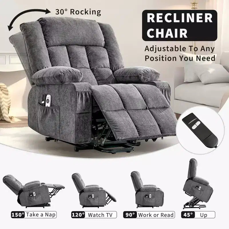 Large Lift Recliner Chair, Overstuffed Wide Recliner Chair, Side Pockets & Cup Holder, 360 Swivel Rocker Recliner, for Living Room, Home
