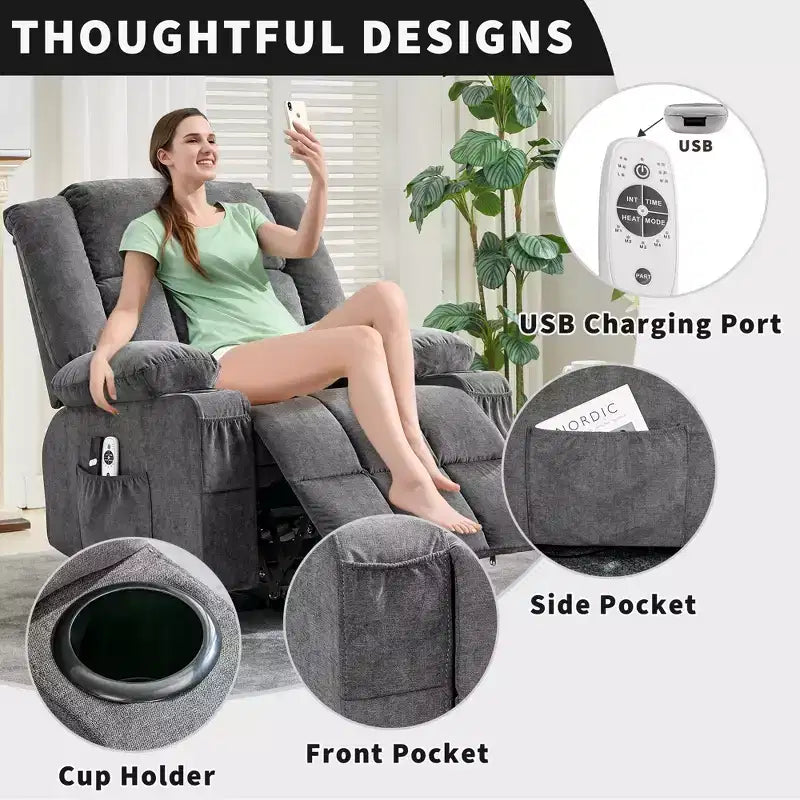 Large Lift Recliner Chair, Overstuffed Wide Recliner Chair, Side Pockets & Cup Holder, 360 Swivel Rocker Recliner, for Living Room, Home