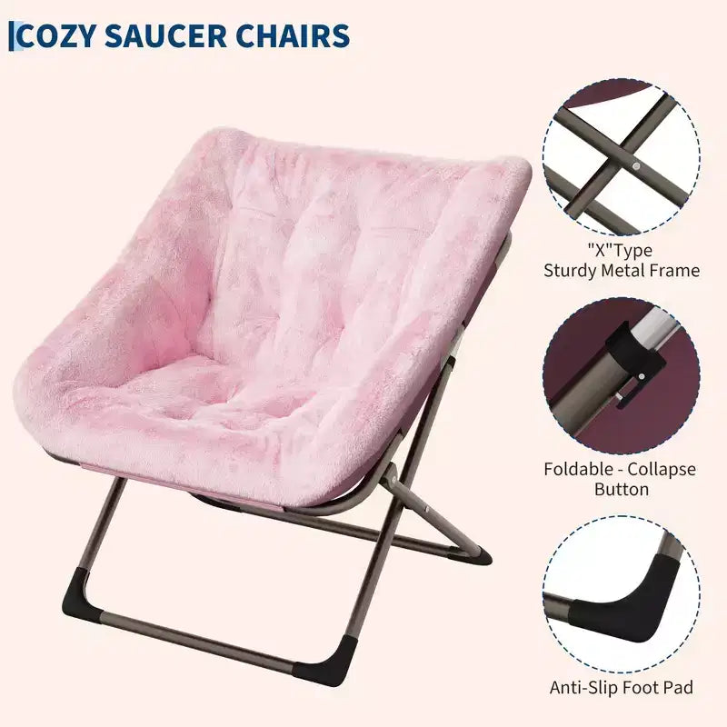 Rabbit Fur Saucer Chair, Folding Comfy Lounge Chair with Metal Frame, for Bedroom, Dorm, Living Room