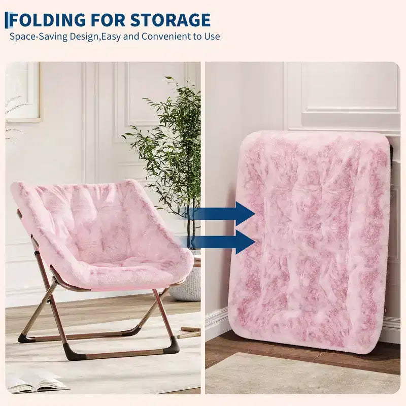 Rabbit Fur Saucer Chair, Folding Comfy Lounge Chair with Metal Frame, for Bedroom, Dorm, Living Room
