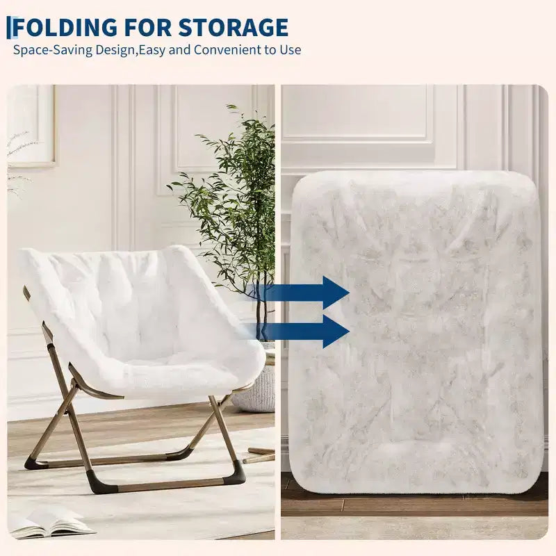 Rabbit Fur Saucer Chair, Folding Comfy Lounge Chair with Metal Frame, for Bedroom, Dorm, Living Room