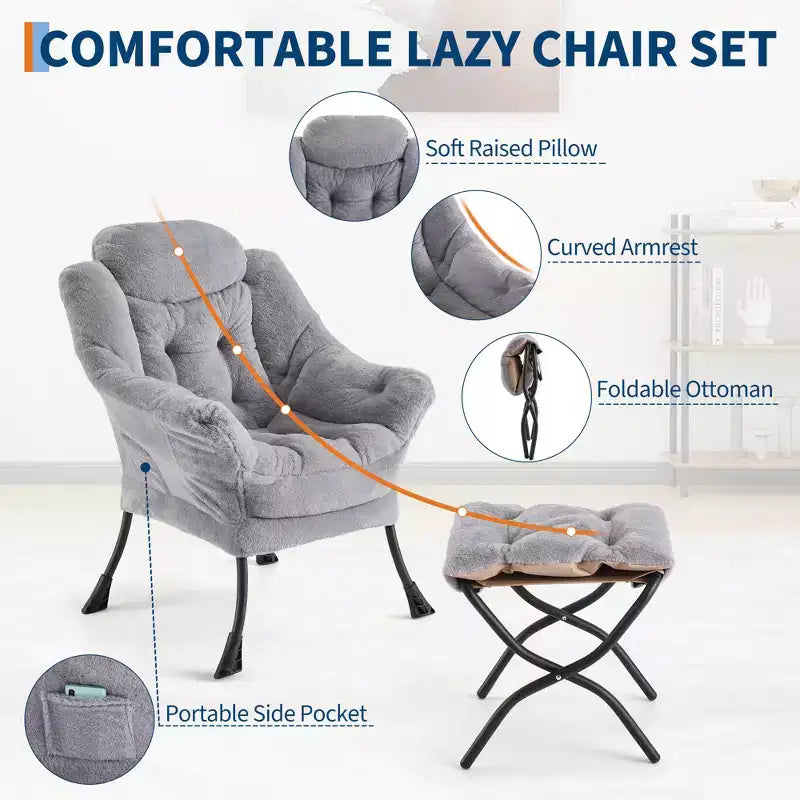 Lazy Chair with Ottoman, Modern Lounge Accent Reading Sofa, Side Pocket, for Living Room, Bedroom