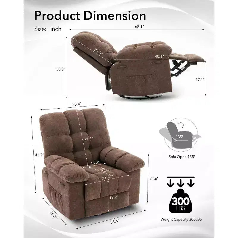 Rocking Recliner Chair, 360 Swivel Rocker, Lazy Boy Recliner Single Sofa, Extra Wide Manual Recliners, Chenille Upholstery Overstuffed Soft