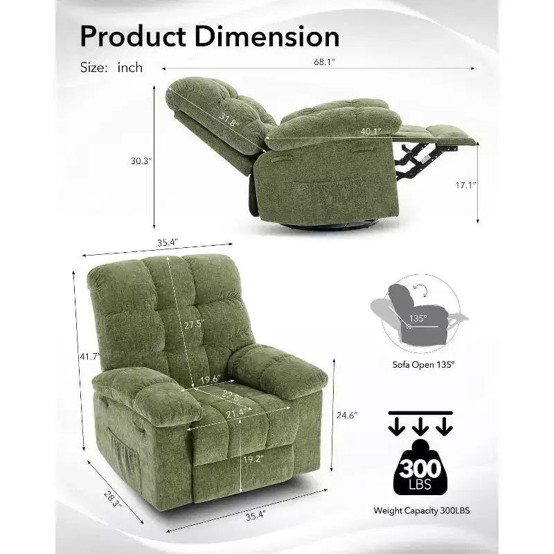 Rocking Recliner Chair, 360 Swivel Rocker, Lazy Boy Recliner Single Sofa, Extra Wide Manual Recliners, Chenille Upholstery Overstuffed Soft