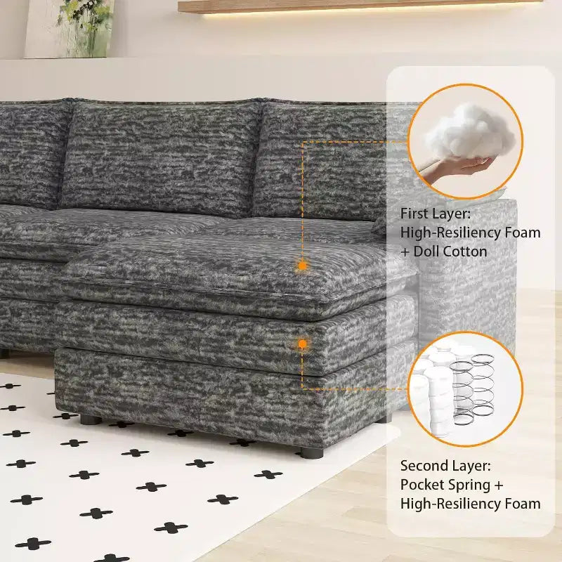 108 Modular Sectional Cloud Couch, Modern Chenille L Shaped Modular Sofa, Sectional Sofa for Apartment