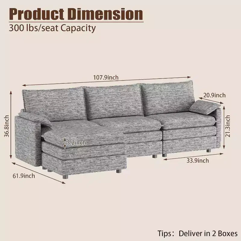 108 Modular Sectional Cloud Couch, Modern Chenille L Shaped Modular Sofa, Sectional Sofa for Apartment