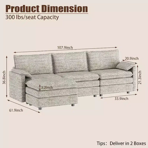 Sofá seccional modular Cloud Couch 108, sofá modular moderno en forma de L de chenilla, sofá seccional para apartamento