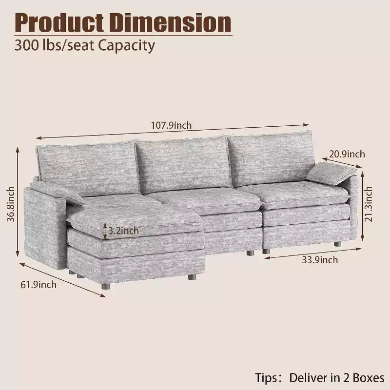 108 Modular Sectional Cloud Couch, Modern Chenille L Shaped Modular Sofa, Sectional Sofa for Apartment