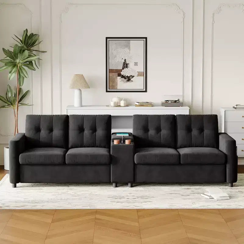 Modern Sectional Couch for 4, Compact caoch with Storage Console, Charging Station & Cup Holders, for Family Rooms, Small Spaces