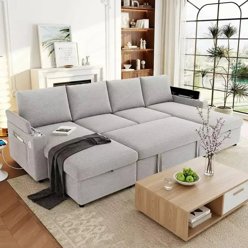 Polibi U-Shaped Convertible Sectional Sofa with Storage Chaise Lounges, USB Ports, Cup Holders & Pull-Out Bed