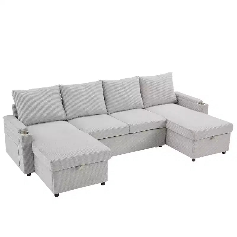 Polibi U-Shaped Convertible Sectional Sofa with Storage Chaise Lounges, USB Ports, Cup Holders & Pull-Out Bed