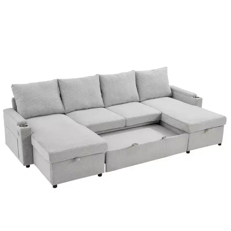 Polibi U-Shaped Convertible Sectional Sofa with Storage Chaise Lounges, USB Ports, Cup Holders & Pull-Out Bed