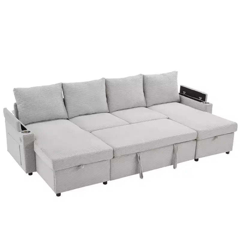 Polibi U-Shaped Convertible Sectional Sofa with Storage Chaise Lounges, USB Ports, Cup Holders & Pull-Out Bed