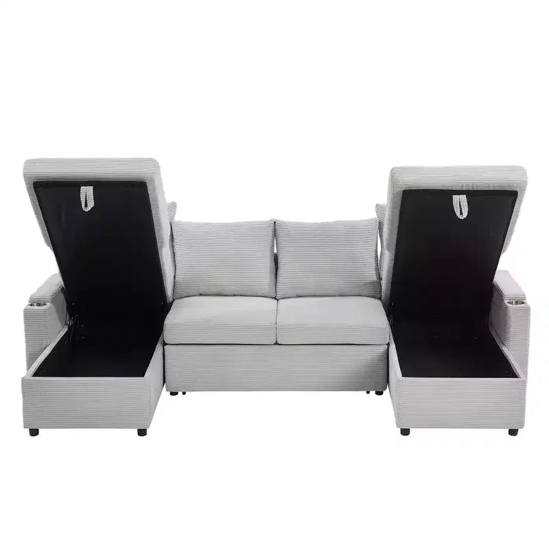 Polibi U-Shaped Convertible Sectional Sofa with Storage Chaise Lounges, USB Ports, Cup Holders & Pull-Out Bed