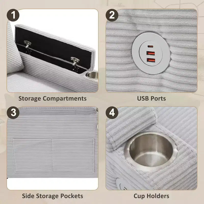 Polibi U-Shaped Convertible Sectional Sofa with Storage Chaise Lounges, USB Ports, Cup Holders & Pull-Out Bed
