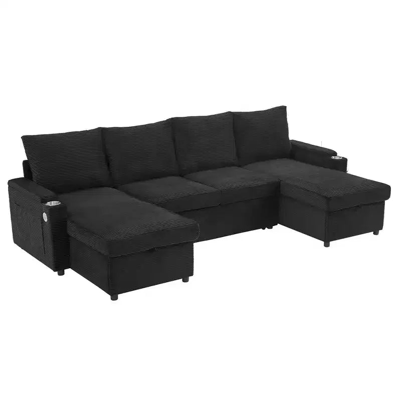 Polibi U-Shaped Convertible Sectional Sofa with Storage Chaise Lounges, USB Ports, Cup Holders & Pull-Out Bed