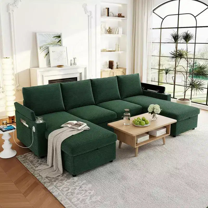 Polibi U-Shaped Convertible Sectional Sofa with Storage Chaise Lounges, USB Ports, Cup Holders & Pull-Out Bed