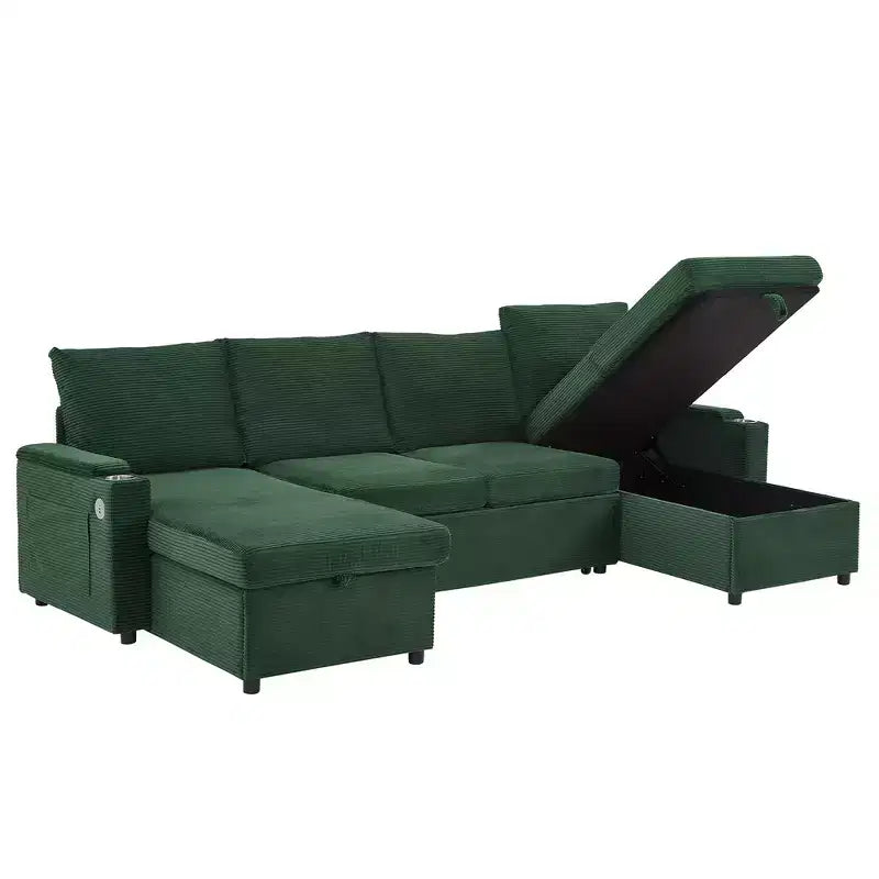Polibi U-Shaped Convertible Sectional Sofa with Storage Chaise Lounges, USB Ports, Cup Holders & Pull-Out Bed