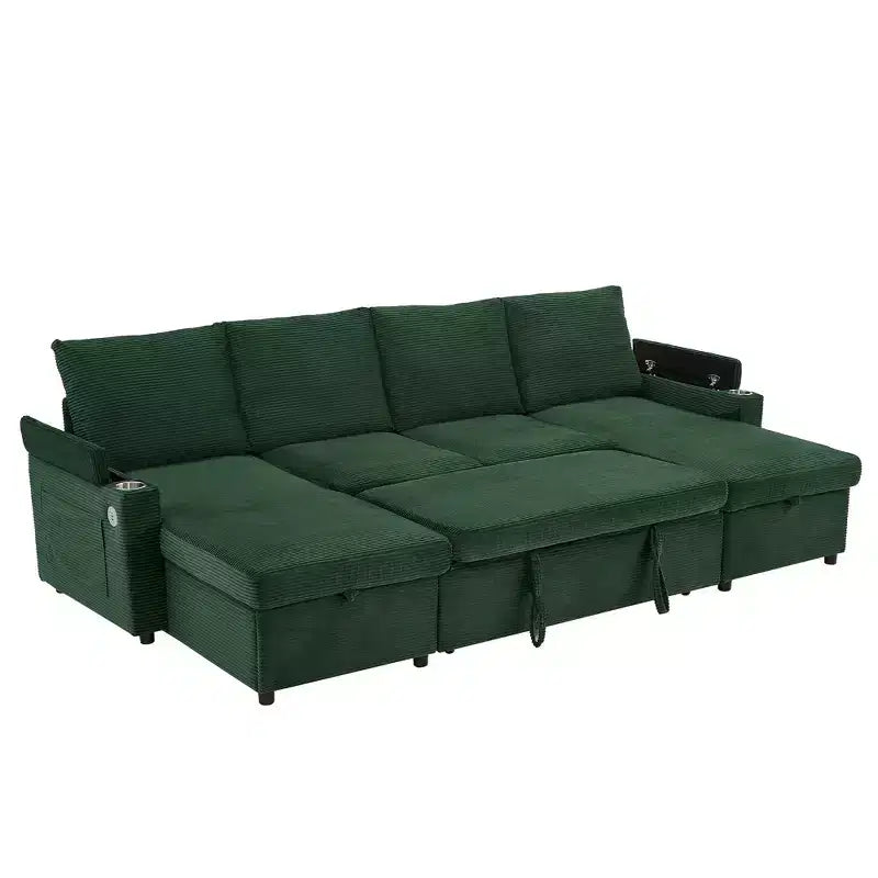 Polibi U-Shaped Convertible Sectional Sofa with Storage Chaise Lounges, USB Ports, Cup Holders & Pull-Out Bed