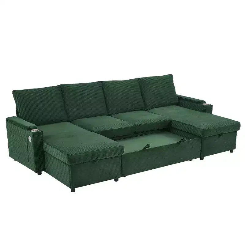 Polibi U-Shaped Convertible Sectional Sofa with Storage Chaise Lounges, USB Ports, Cup Holders & Pull-Out Bed