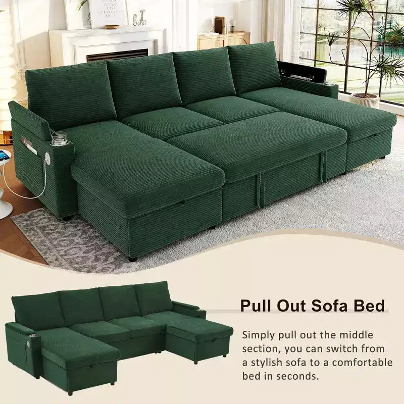Polibi U-Shaped Convertible Sectional Sofa with Storage Chaise Lounges, USB Ports, Cup Holders & Pull-Out Bed