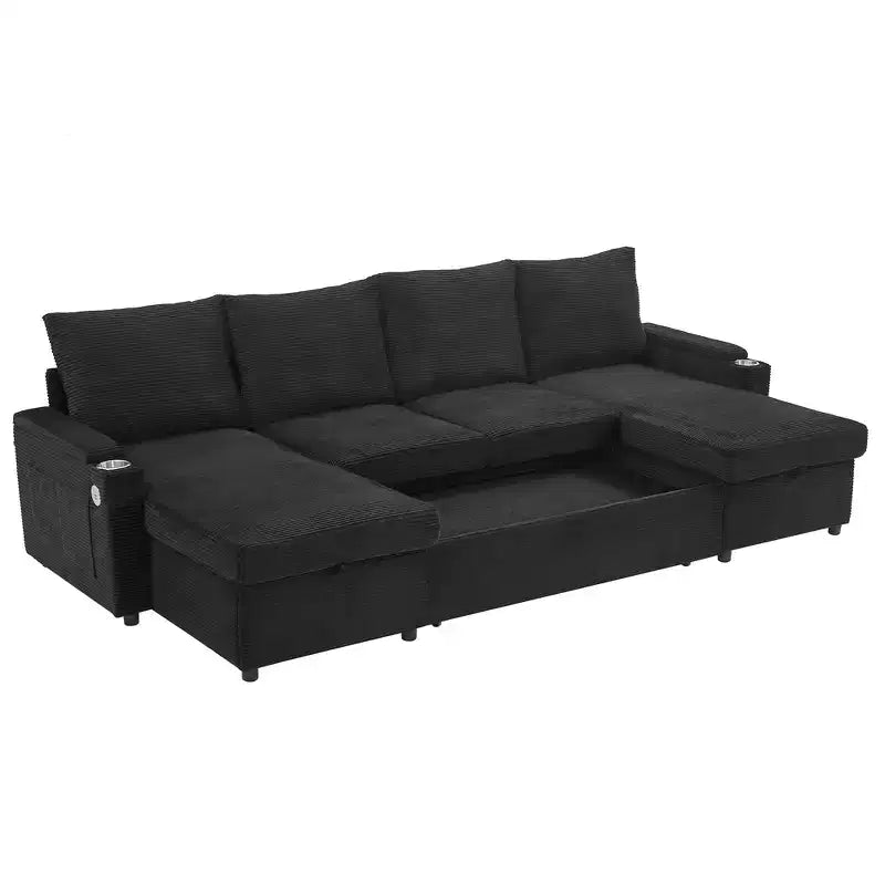 Polibi U-Shaped Convertible Sectional Sofa with Storage Chaise Lounges, USB Ports, Cup Holders & Pull-Out Bed