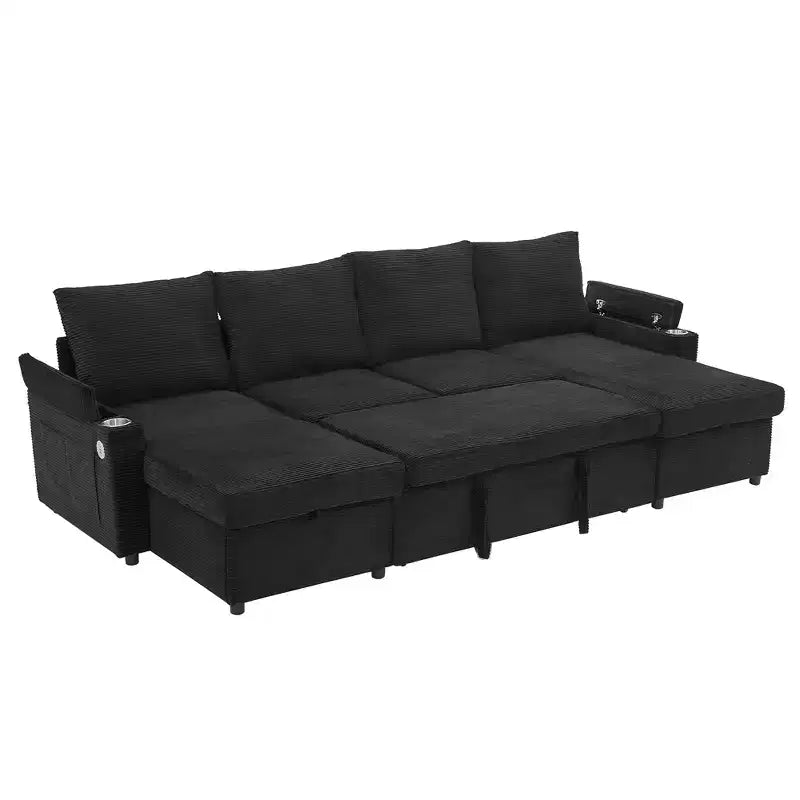Polibi U-Shaped Convertible Sectional Sofa with Storage Chaise Lounges, USB Ports, Cup Holders & Pull-Out Bed