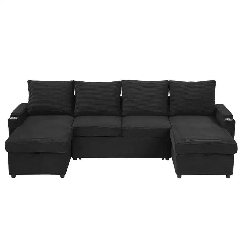 Polibi U-Shaped Convertible Sectional Sofa with Storage Chaise Lounges, USB Ports, Cup Holders & Pull-Out Bed