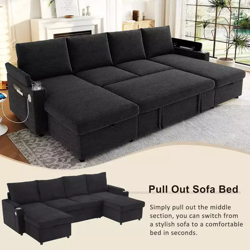 Polibi U-Shaped Convertible Sectional Sofa with Storage Chaise Lounges, USB Ports, Cup Holders & Pull-Out Bed