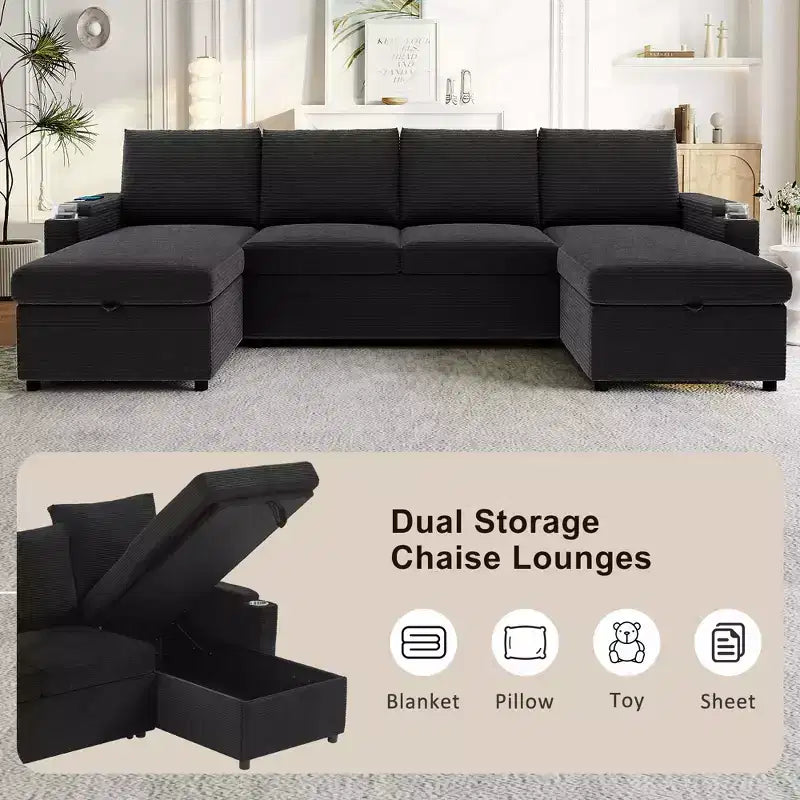 Polibi U-Shaped Convertible Sectional Sofa with Storage Chaise Lounges, USB Ports, Cup Holders & Pull-Out Bed