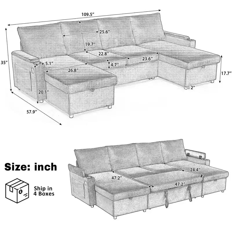 Polibi U-Shaped Convertible Sectional Sofa with Storage Chaise Lounges, USB Ports, Cup Holders & Pull-Out Bed