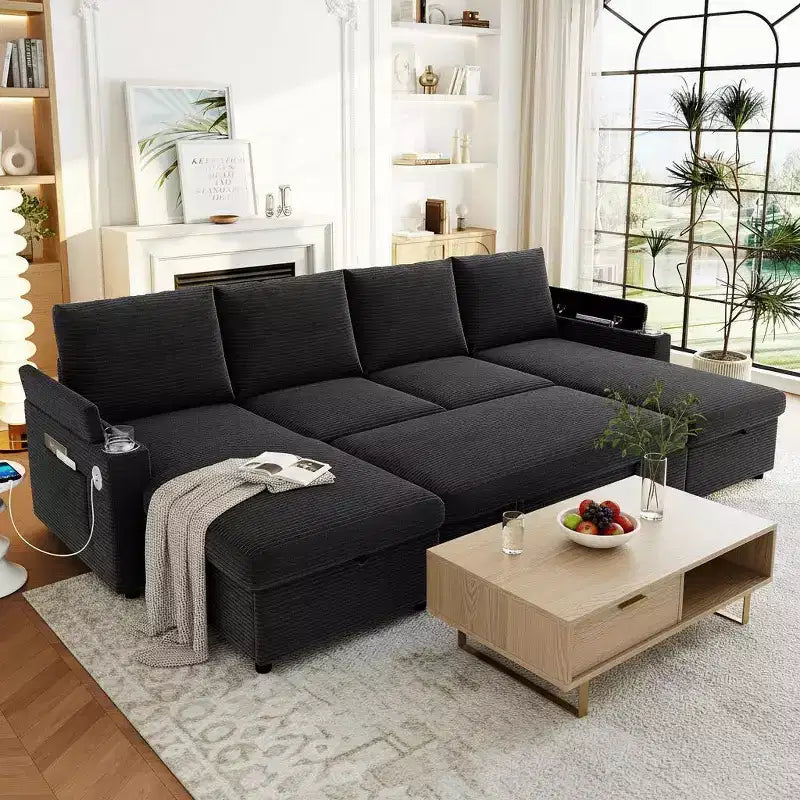 Polibi U-Shaped Convertible Sectional Sofa with Storage Chaise Lounges, USB Ports, Cup Holders & Pull-Out Bed