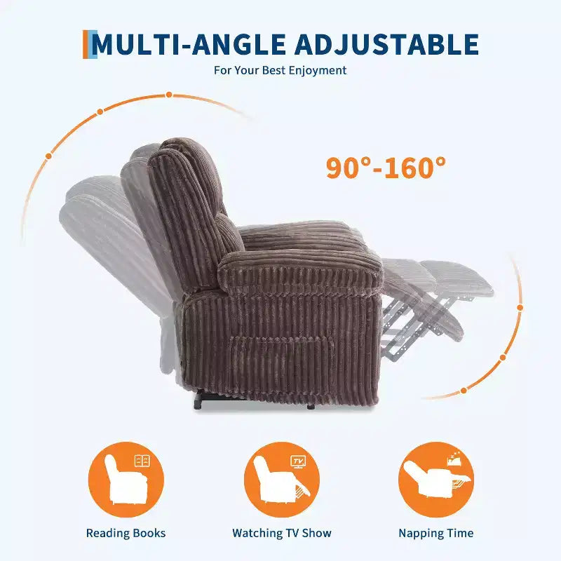 Manual Recliner Sofa, Corduroy Recliner Chair, Adjustable Recliner, Pillow Top Arms, Thick Padding, 400LBS Capacity, for Bedroom, Home Theater